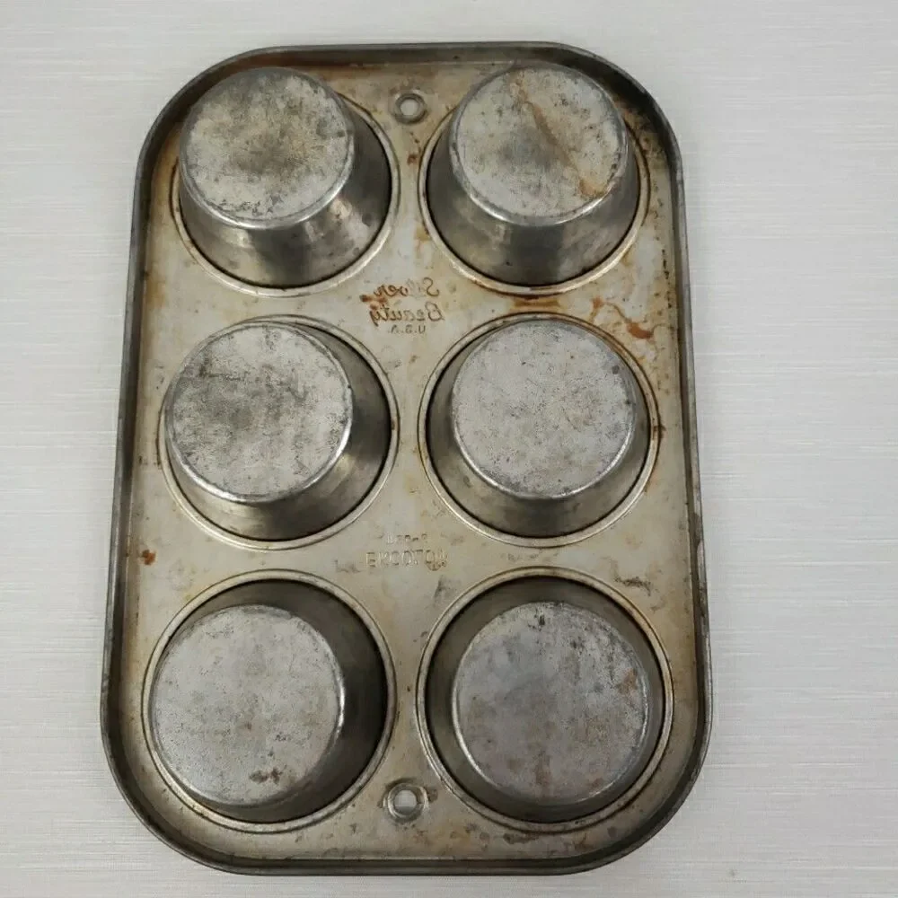 Ekcology T60.6 Silver Beauty Muffin Tin 6 Cups VTG USA Bakeware Primitive MCM